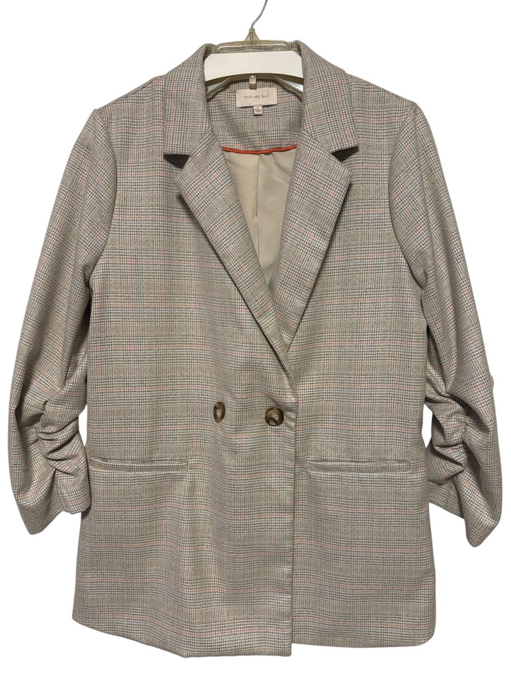 SKIES Are BLUE Plaid Blazer | Size L | Ruched Sleeve Double Button Jacket